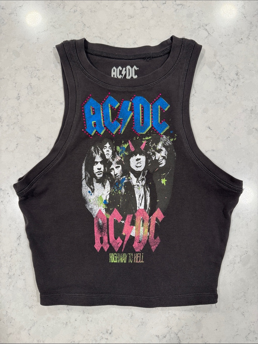 AC/DC Highway to Hell Sleeveless Cropped Tank Top Band Tee Graphic Print Bling